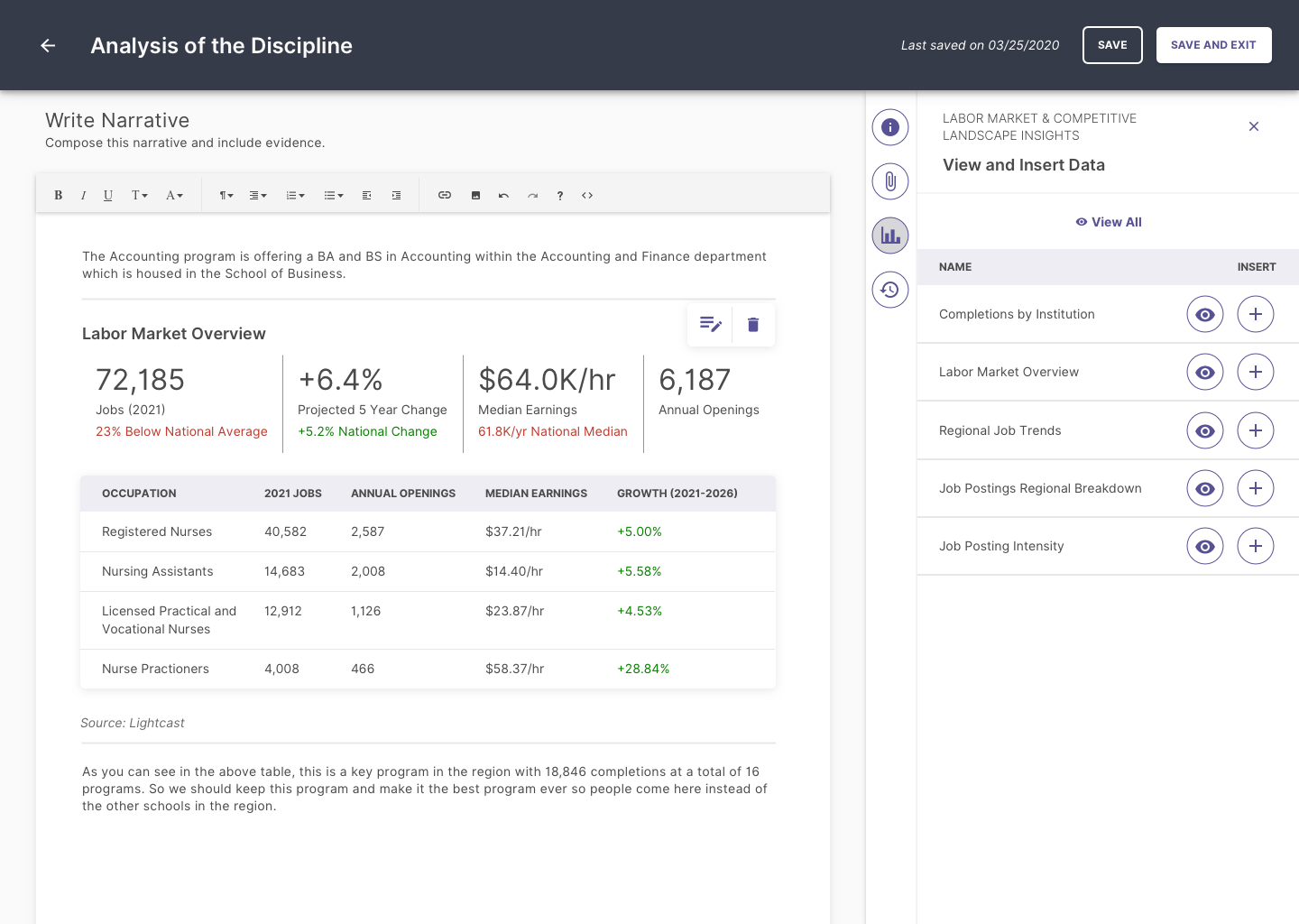 Narrative workspace, Insert Labor Market Overview