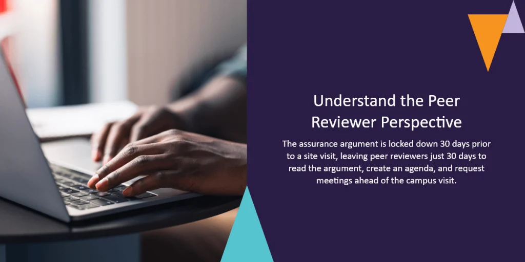 Understand the peer reviewer perspective The assurance argument is locked down 30 days prior to a site visit. That leaves peer reviewers just 30 days to read the argument, create an agenda, and request meetings ahead of the campus visit.